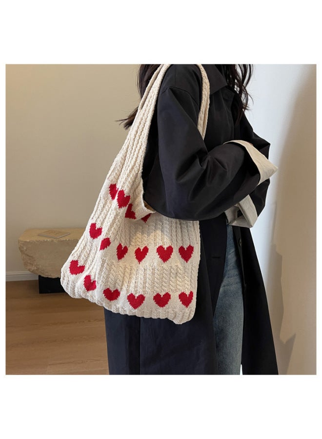 2023 Large Capacity Knitted Tote Bag Heart Pattern Supply Fashionable Ins Style Women's Shoulder Bag-Color:apricot With Red  - Image 2