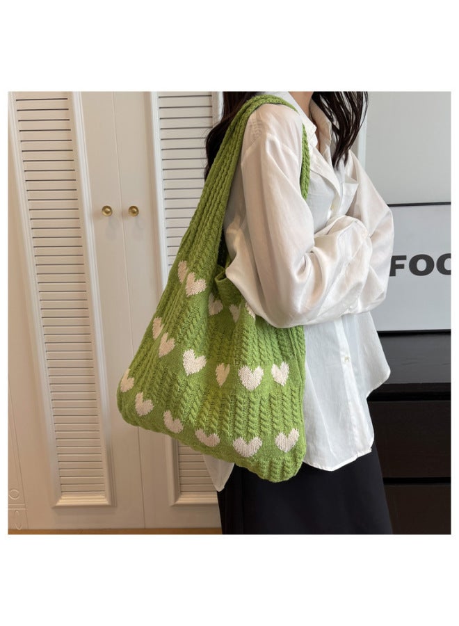 2023 Large Capacity Knitted Tote Bag Heart Pattern Supply Fashionable Ins Style Women's Shoulder Bag-Color:apricot With Red  - Image 4