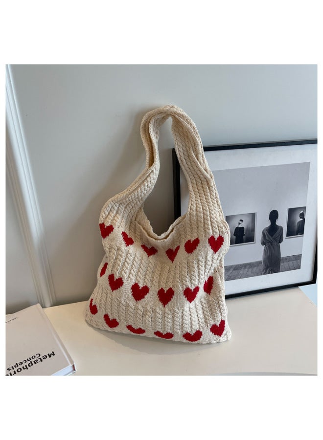 2023 Large Capacity Knitted Tote Bag Heart Pattern Supply Fashionable Ins Style Women's Shoulder Bag-Color:apricot With Red  - Image 1