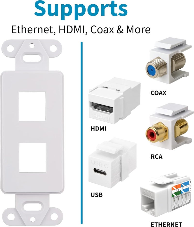 SATMAXIMUM 10 Pack Keystone Wall Plate 2 Port, White Decorator Insert Cover for Ethernet, HDMI, Coax, Cat6 Cat5, RJ45, Home & Office Installations - Image 2