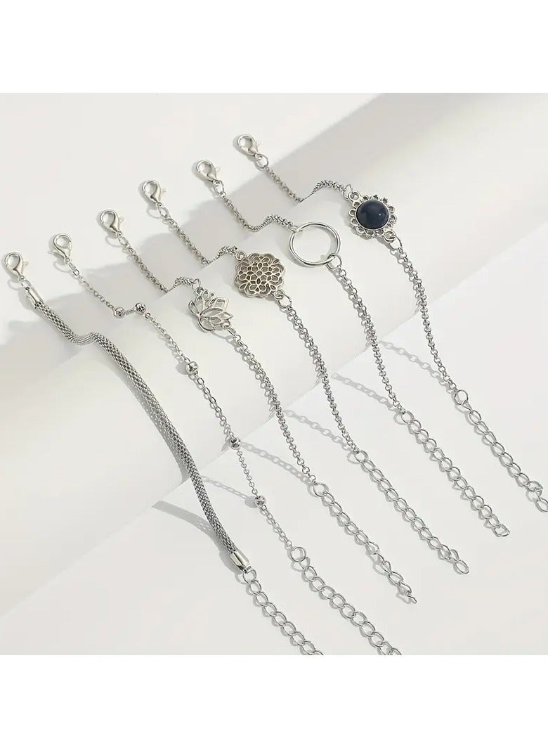 A Set Of 6 Pieces Of Minimalist Lotus Leaf Round Stone Flower Petal Bead Chain Trendy Fashion Bracelets.  - Image 3