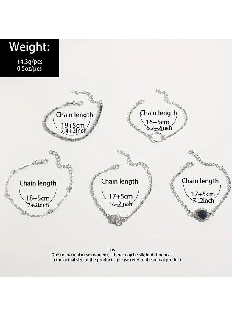 A Set Of 6 Pieces Of Minimalist Lotus Leaf Round Stone Flower Petal Bead Chain Trendy Fashion Bracelets.  - Image 5