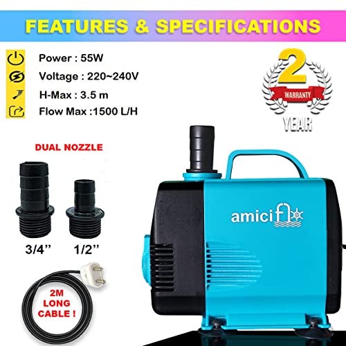 amiciFlo15W Submersible Water Pump – 600 LPH High Flow, 1.5M Lift Height, Pure Copper Motor, 2M Cord | Ultra-Quiet Water Circulation Pump for DIY Fountains, Aquariums, Hydroponics (8mm & 12mm Nozzles) - Image 5