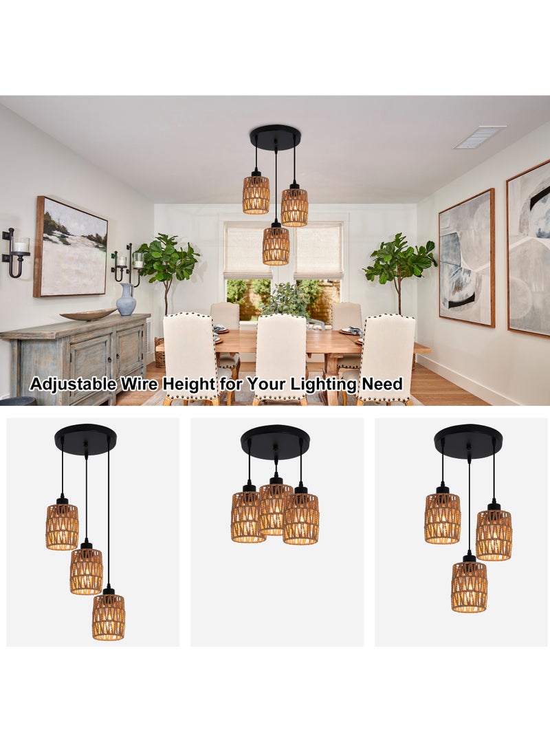 Ganeed - 3-Light Rattan Pendant Light Fixtures, Industrial brown Hanging Lighting, Adjustable Woven Wicker Chandelier, Farmhouse Basket Ceiling Lamp for Kitchen Island Dining Room Bedroom Foyer Hallway - Image 1