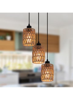 Ganeed 3-Light Rattan Pendant Light Fixtures, Industrial brown Hanging Lighting, Adjustable Woven Wicker Chandelier, Farmhouse Basket Ceiling Lamp for Kitchen Island Dining Room Bedroom Foyer Hallway  - Image 1