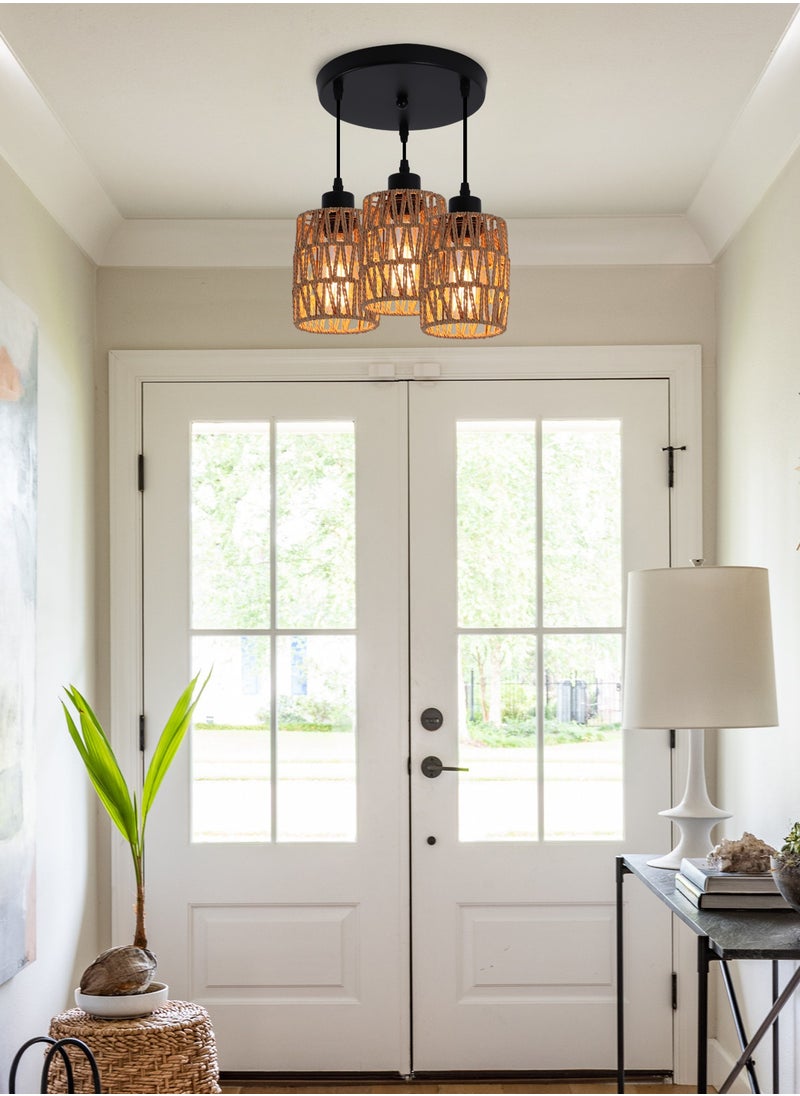 Ganeed - 3-Light Rattan Pendant Light Fixtures, Industrial brown Hanging Lighting, Adjustable Woven Wicker Chandelier, Farmhouse Basket Ceiling Lamp for Kitchen Island Dining Room Bedroom Foyer Hallway - Image 1