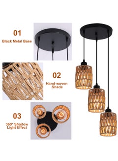 Ganeed 3-Light Rattan Pendant Light Fixtures, Industrial brown Hanging Lighting, Adjustable Woven Wicker Chandelier, Farmhouse Basket Ceiling Lamp for Kitchen Island Dining Room Bedroom Foyer Hallway  - Image 4