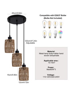 Ganeed 3-Light Rattan Pendant Light Fixtures, Industrial brown Hanging Lighting, Adjustable Woven Wicker Chandelier, Farmhouse Basket Ceiling Lamp for Kitchen Island Dining Room Bedroom Foyer Hallway  - Image 3