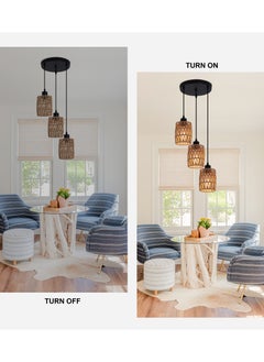 Ganeed 3-Light Rattan Pendant Light Fixtures, Industrial brown Hanging Lighting, Adjustable Woven Wicker Chandelier, Farmhouse Basket Ceiling Lamp for Kitchen Island Dining Room Bedroom Foyer Hallway  - Image 5