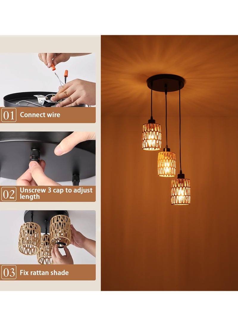 Ganeed - 3-Light Rattan Pendant Light Fixtures, Industrial brown Hanging Lighting, Adjustable Woven Wicker Chandelier, Farmhouse Basket Ceiling Lamp for Kitchen Island Dining Room Bedroom Foyer Hallway - Image 1