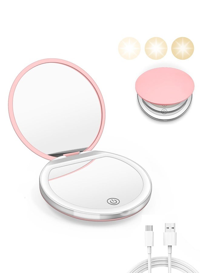Photon مرآة مكياج مدمجة مضاءة للسفر، مرآة جيب LED بتكبير 1X/5X، مرآة ذات وجهين مع كابل بيانات USB للمحفظة والجيب والسفر والهدايا (وردي) - Image 1