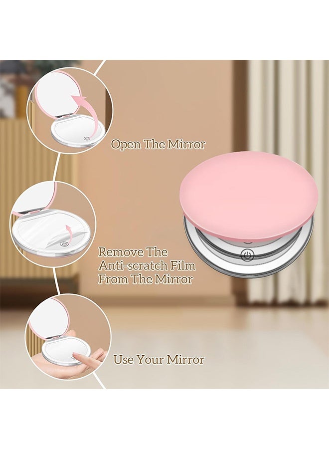 Photon مرآة مكياج مدمجة مضاءة للسفر، مرآة جيب LED بتكبير 1X/5X، مرآة ذات وجهين مع كابل بيانات USB للمحفظة والجيب والسفر والهدايا (وردي) - Image 3