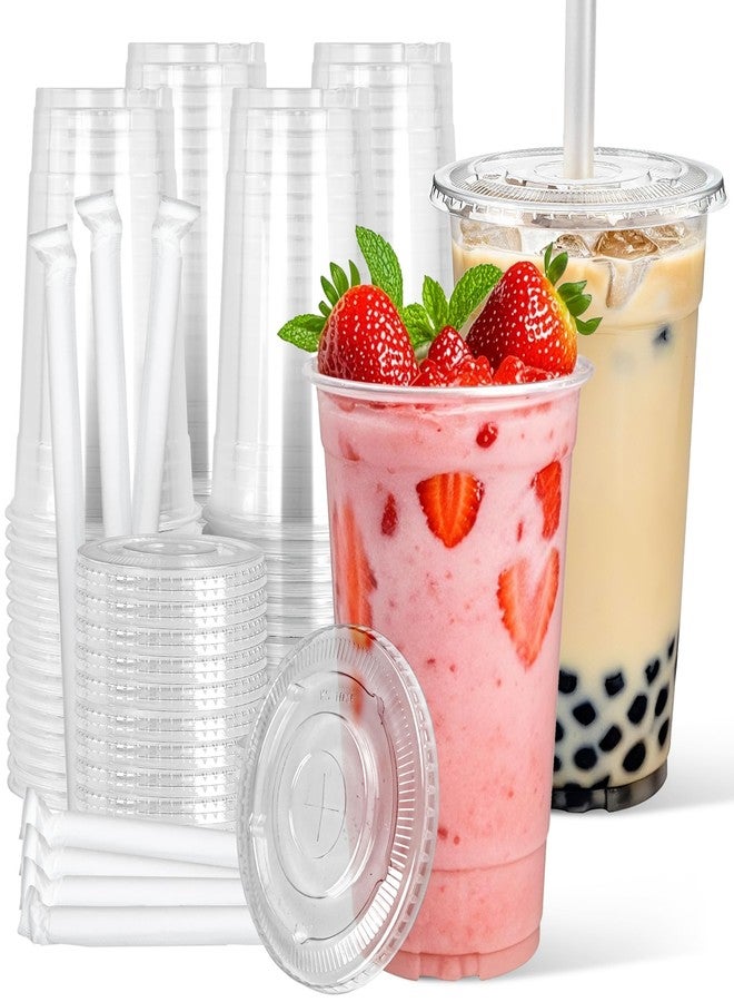 Charmount 32 oz Clear Plastic Cups with Lids and Jumbo Boba Straws, Disposable To Go Cups for Iced Coffee, Milkshake, Smoothies, Boba Milk Tea, Matcha Latte - 25 Sets - Image 1