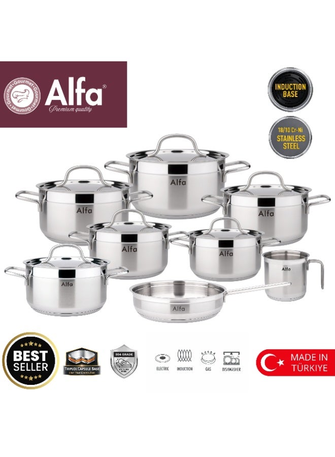 ALFA Original 14 Piece Stainless Steel Cookware Set Milk Pot Fry Pan Casseroles with Lids Heavy Duty Induction Compatible Premium Pots and Pans Made in Türkiye - Image 1