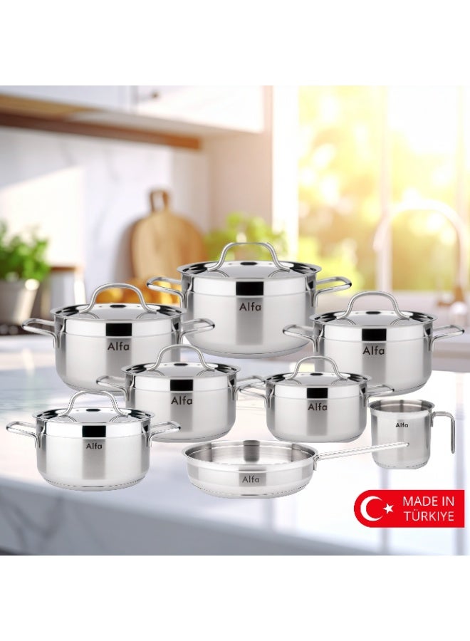 ALFA Original 14 Piece Stainless Steel Cookware Set Milk Pot Fry Pan Casseroles with Lids Heavy Duty Induction Compatible Premium Pots and Pans Made in Türkiye - Image 2