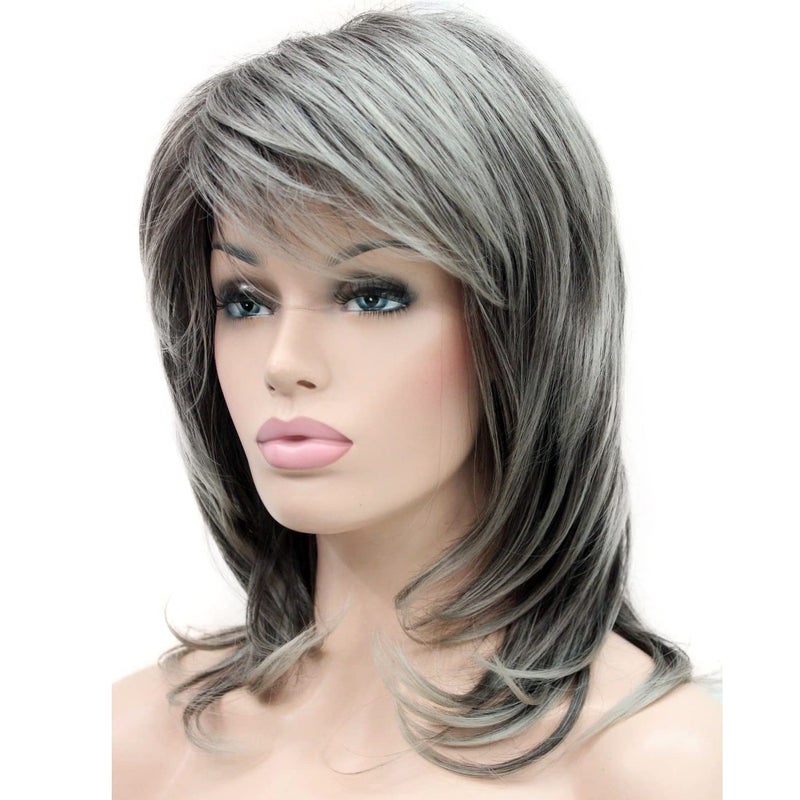 Lydell Long Soft Shaggy Layered Classic Cap Full Synthetic Wig Wigs AB76 Grey Ombre