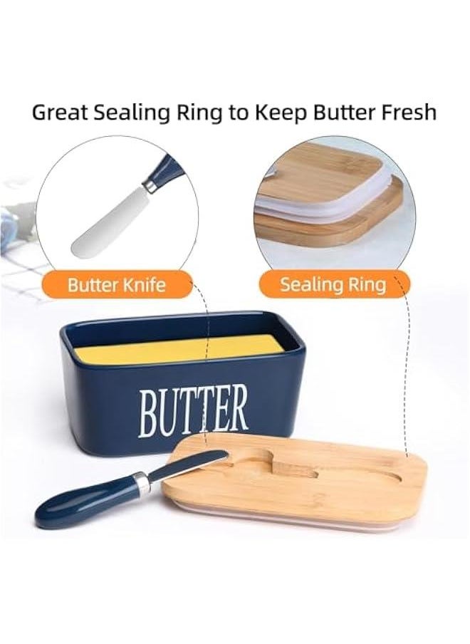 HOOKOR - er Dish, er Dish with Lid for Countertop, Ceramics er Keeper Container with Knife and High-Quality Silicone Sealing er Dish for Home Decor Good Kitchen (Blue, 600ML) - Image 1