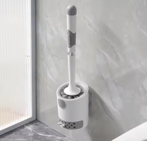 CREDLY Toilet Bowl Brush Holder Set Silicone Toilet Brush with Refillable Handle Dispenser Bathroom Scrubber Toilet Cleaner Brush with Caddy Deep Cleaning Bathroom Scrub BrushWhite and Gray