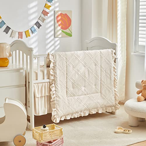 Uozzi Bedding Tufted Ruffle Crib Bedding Set 3 Pieces Baby Boho Quilted Comforter with Fitted Sheet and Bed Skirt - Cute Ruffled Shabby Chic Baby Bedding Soft Blanket Design Cream White - Image 1