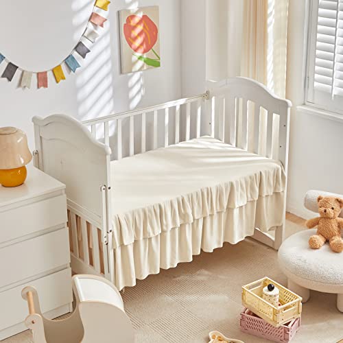 Uozzi Bedding Tufted Ruffle Crib Bedding Set 3 Pieces Baby Boho Quilted Comforter with Fitted Sheet and Bed Skirt - Cute Ruffled Shabby Chic Baby Bedding Soft Blanket Design Cream White - Image 5
