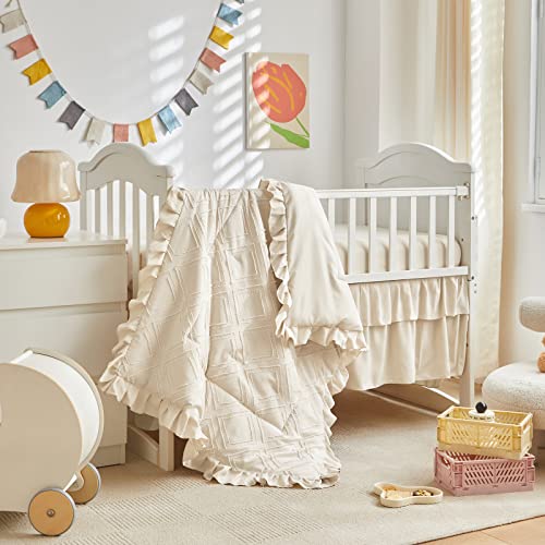 Uozzi Bedding Tufted Ruffle Crib Bedding Set 3 Pieces Baby Boho Quilted Comforter with Fitted Sheet and Bed Skirt - Cute Ruffled Shabby Chic Baby Bedding Soft Blanket Design Cream White - Image 3