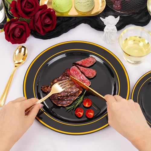 bUCLA 300PCS Black and Gold Disposable Dinnerware Set - 50 Guests Black Plastic Plates with Gold Rim Include 50 Dinner / 50 Dessert Plates, 50 Forks,50 Knives,50 Spoons&50 Cups for Party&Halloween - Image 3
