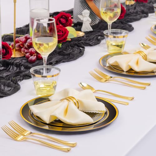 bUCLA 300PCS Black and Gold Disposable Dinnerware Set - 50 Guests Black Plastic Plates with Gold Rim Include 50 Dinner / 50 Dessert Plates, 50 Forks,50 Knives,50 Spoons&50 Cups for Party&Halloween - Image 5