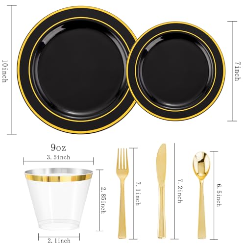 bUCLA 300PCS Black and Gold Disposable Dinnerware Set - 50 Guests Black Plastic Plates with Gold Rim Include 50 Dinner / 50 Dessert Plates, 50 Forks,50 Knives,50 Spoons&50 Cups for Party&Halloween - Image 2