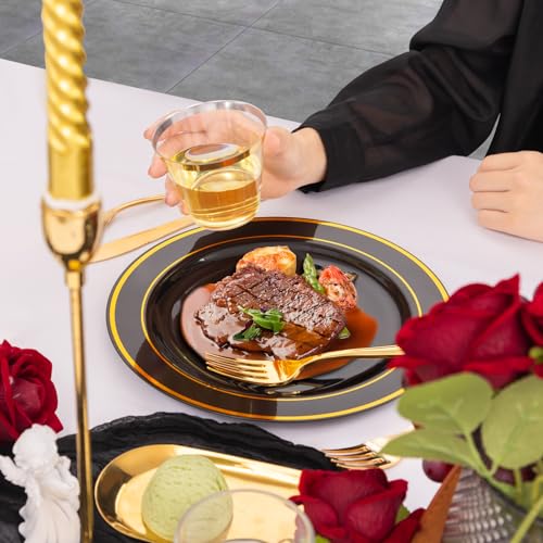bUCLA 300PCS Black and Gold Disposable Dinnerware Set - 50 Guests Black Plastic Plates with Gold Rim Include 50 Dinner / 50 Dessert Plates, 50 Forks,50 Knives,50 Spoons&50 Cups for Party&Halloween - Image 4