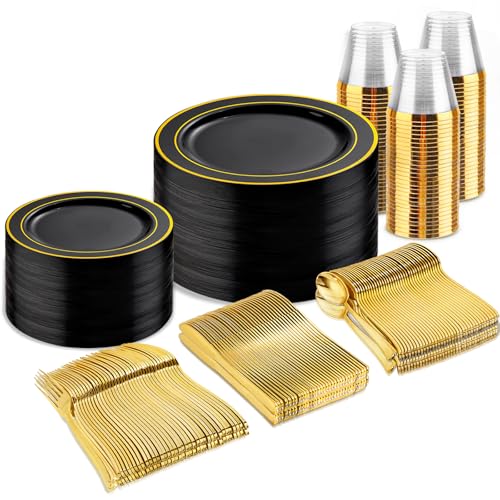bUCLA 300PCS Black and Gold Disposable Dinnerware Set - 50 Guests Black Plastic Plates with Gold Rim Include 50 Dinner / 50 Dessert Plates, 50 Forks,50 Knives,50 Spoons&50 Cups for Party&Halloween - Image 1