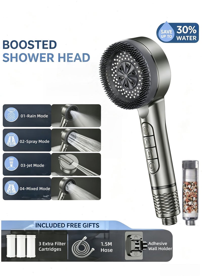 Filtered Shower Head with Piano Keys 4 Spray Modes & Silicone Massage Brush - Boosted Rainfall High Pressure Showerhead - Water Saving Anti-Hair Loss Filter - Includes 3 Extra Filters, 1.5M Hose & No-Drill Adhesive Holder - Space Grey - Image 1