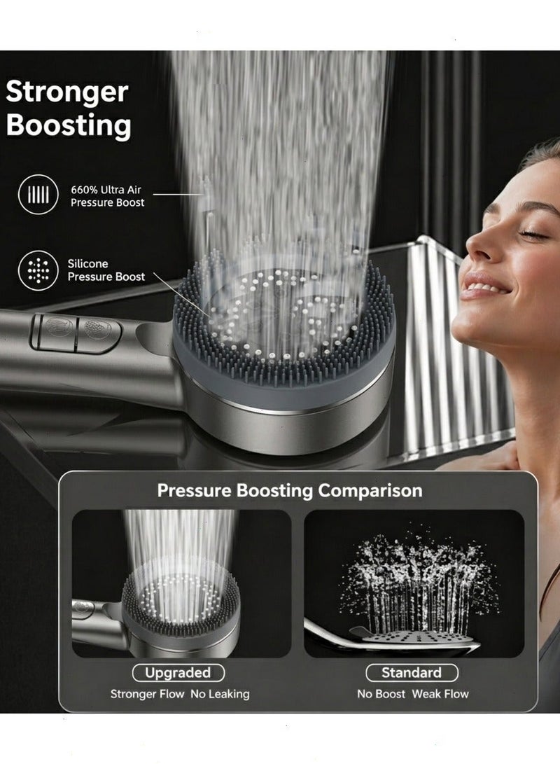 Filtered Shower Head with Piano Keys 4 Spray Modes & Silicone Massage Brush - Boosted Rainfall High Pressure Showerhead - Water Saving Anti-Hair Loss Filter - Includes 3 Extra Filters, 1.5M Hose & No-Drill Adhesive Holder - Space Grey - Image 2