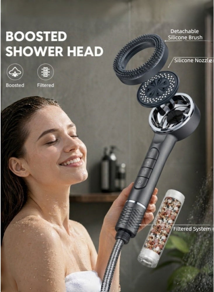 Filtered Shower Head with Piano Keys 4 Spray Modes & Silicone Massage Brush - Boosted Rainfall High Pressure Showerhead - Water Saving Anti-Hair Loss Filter - Includes 3 Extra Filters, 1.5M Hose & No-Drill Adhesive Holder - Space Grey - Image 3