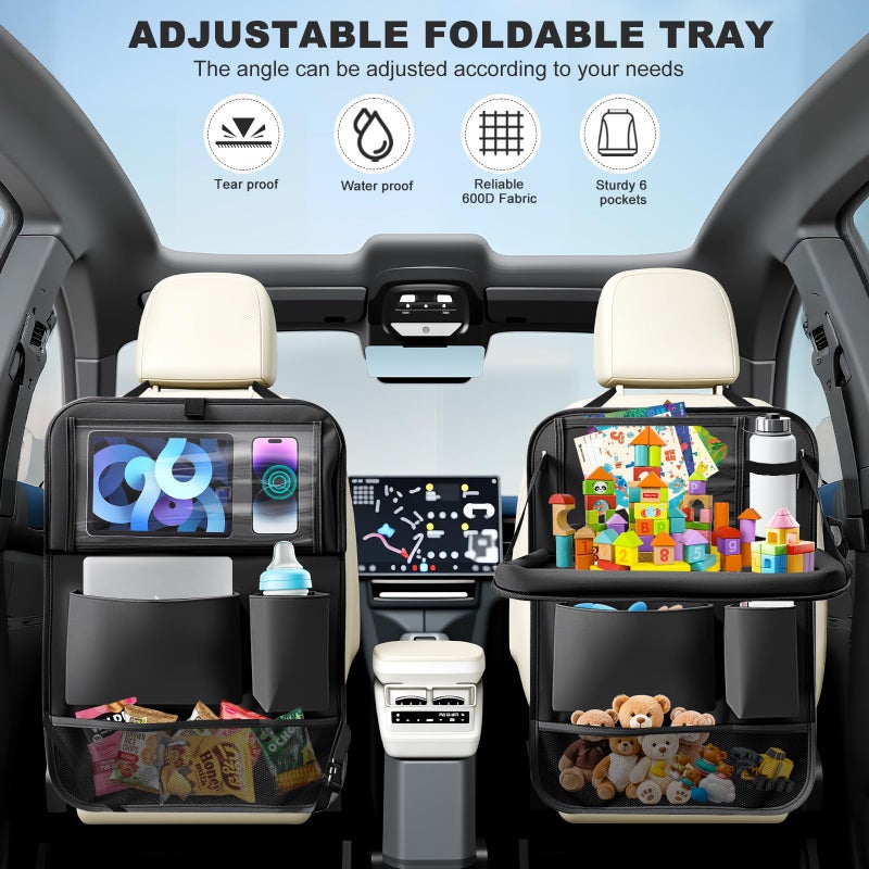 Zecirl 2Pack Car Backseat Organizer with Foldable Table Tray,6 Storage Pockets Car Storage Organizer with Tablet Holder,Car Seat Back Protectors Kick Mats Travel Accessories (Black) - Image 2