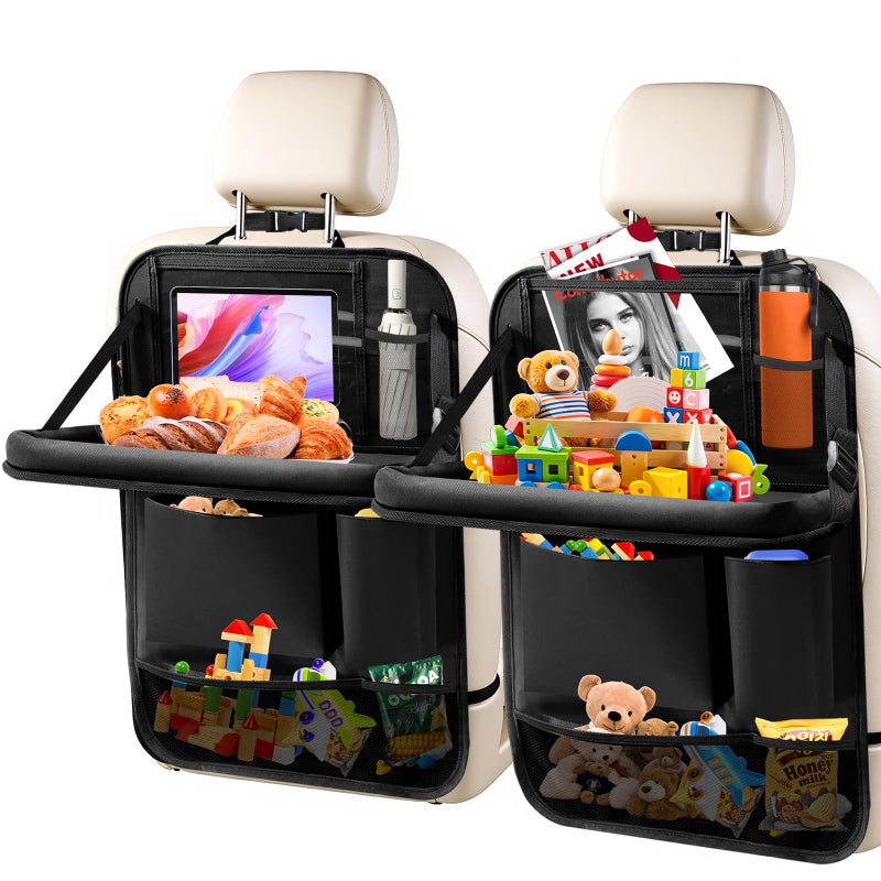 Zecirl 2Pack Car Backseat Organizer with Foldable Table Tray,6 Storage Pockets Car Storage Organizer with Tablet Holder,Car Seat Back Protectors Kick Mats Travel Accessories (Black) - Image 1