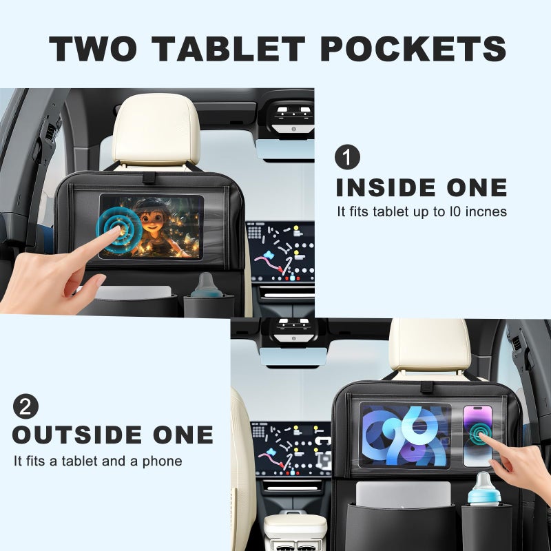Zecirl 2Pack Car Backseat Organizer with Foldable Table Tray,6 Storage Pockets Car Storage Organizer with Tablet Holder,Car Seat Back Protectors Kick Mats Travel Accessories (Black) - Image 3