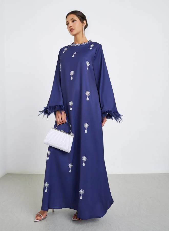 Women Navy Blue Graphic Print Jalabiya with Feather Trim