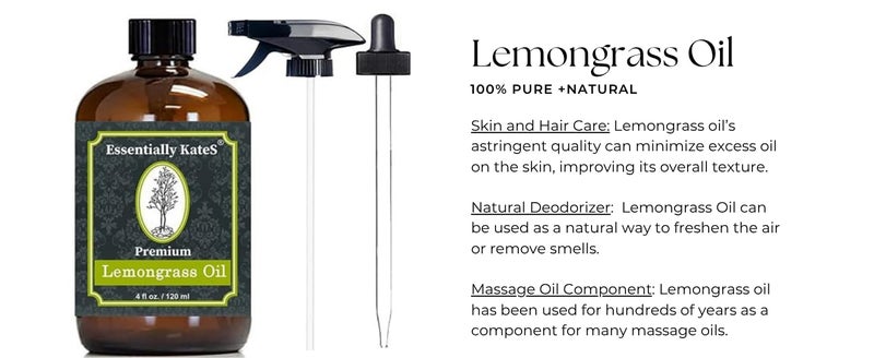 Essentially KateS Lemongrass Essential Oil 4 Fl Oz with Dropper and Sprayer - 100% Pure and Natural - Hair Care, Home Diffusers, Skin Care, Aromatherapy, Massage and Humidifiers, and Garden Care - Image 3