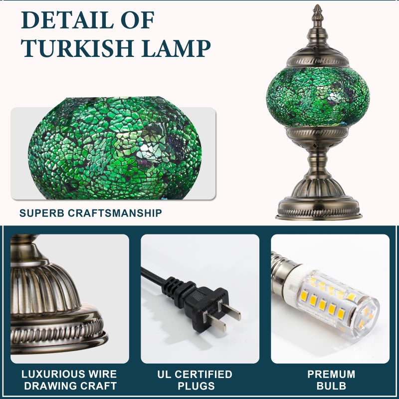 Marrakech Morrocan Mosaic Table Lamps with Vintage Style, Handmade Turkish Lamp with Bronze Base Including LED Bulb for Living Room Bedroom Decor (Shard Green) - Image 4