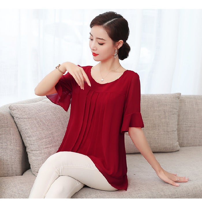 Real shot fashionable western style small shirt T-shirt plus size chubby girl belly covering top Mother mid-length chiffon shirt women's short sleeve summer - Image 1