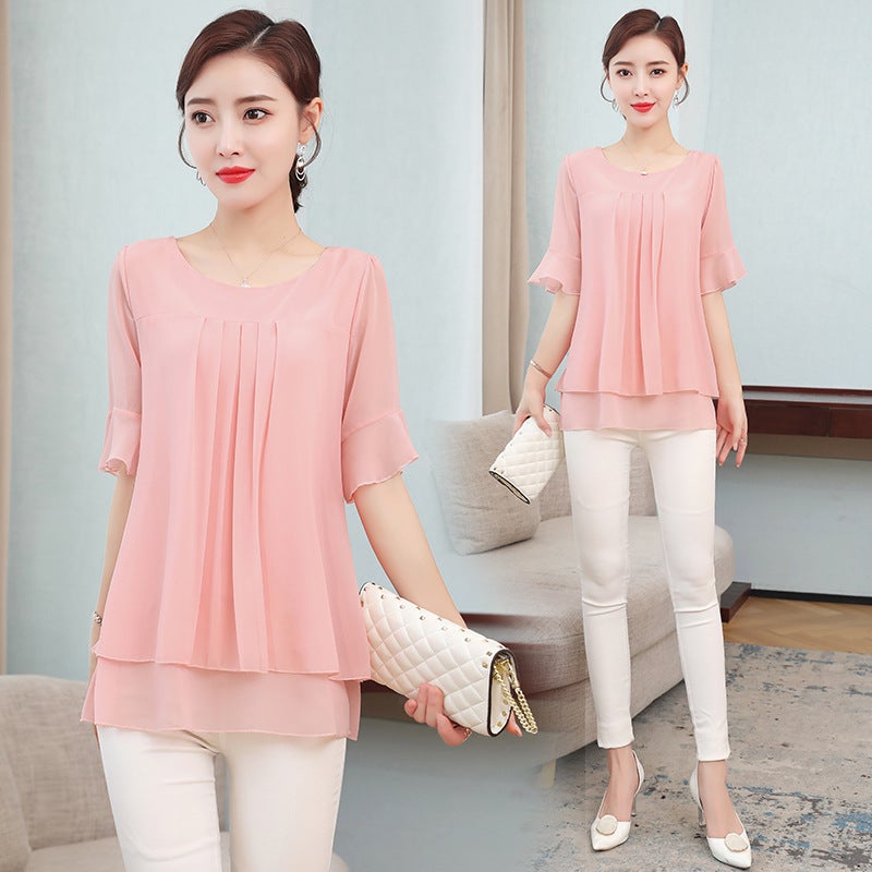 Real shot fashionable western style small shirt T-shirt plus size chubby girl belly covering top Mother mid-length chiffon shirt women's short sleeve summer - Image 4