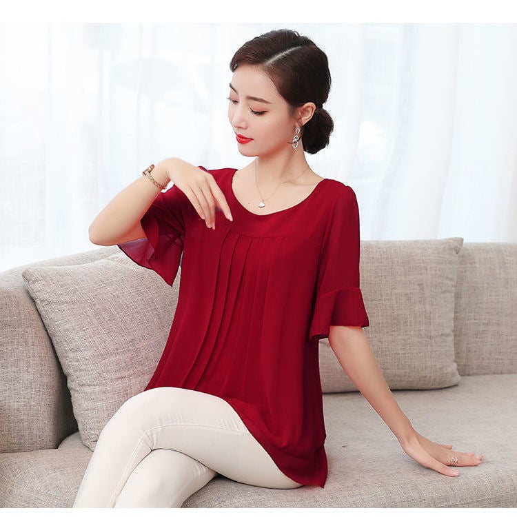 Real shot fashionable western style small shirt T-shirt plus size chubby girl belly covering top Mother mid-length chiffon shirt women's short sleeve summer - Image 3