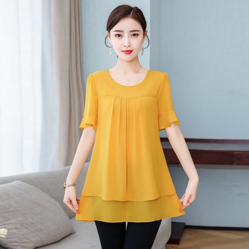Real shot fashionable western style small shirt T-shirt plus size chubby girl belly covering top Mother mid-length chiffon shirt women's short sleeve summer - Image 2