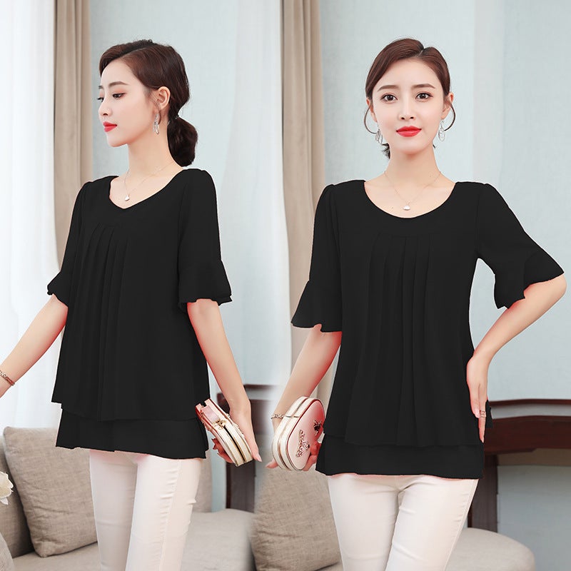 Real shot fashionable western style small shirt T-shirt plus size chubby girl belly covering top Mother mid-length chiffon shirt women's short sleeve summer - Image 5