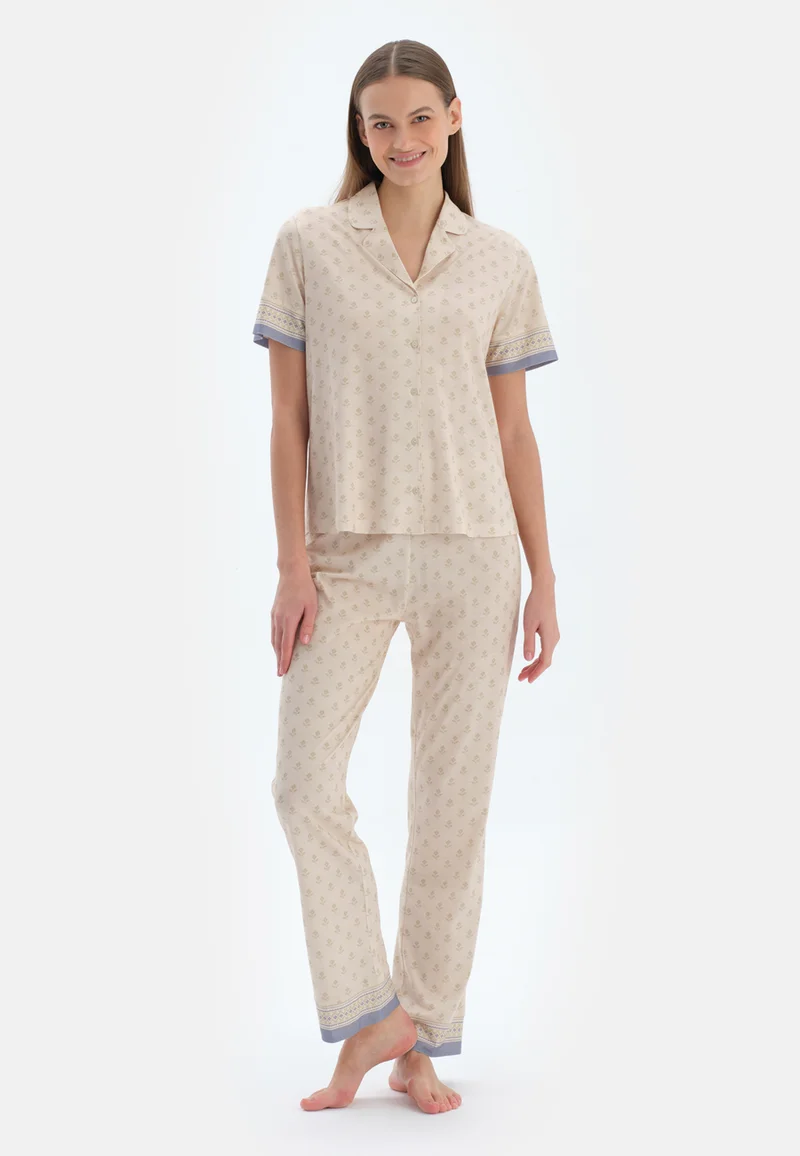 dagi Floral Regular/Classic Fit Shirt & Trousers Pajama Sets Spread Collar Cotton Blend Sleepwear