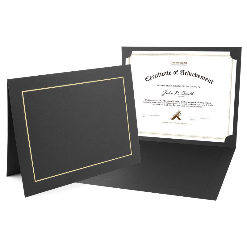 Golden State Art Golden State Art Pack Of 25 85X11 Photo Folders Cardboard Picture Frame Paper Photo Frame Cards Special For Certificate Document Holders Diploma Holders Award HoldersBlack With Gold Lining 