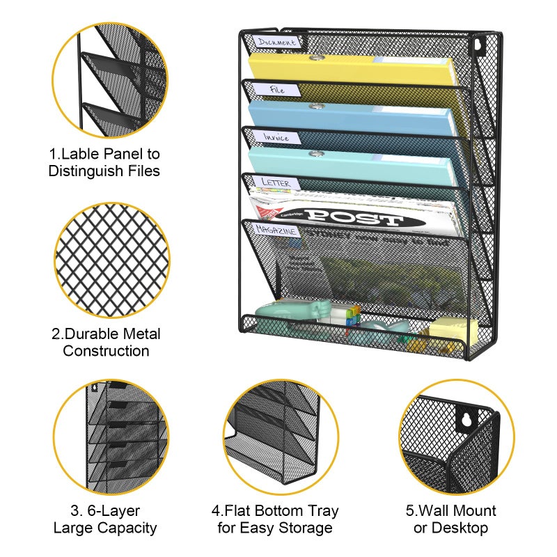 BOHDK Hanging Folder Organizer Mesh 6 Tier, Wall File Organizer Hanging Paper Organizer, Wall Mount Mail Storage, Office Organization and Storage Rack for Home Office, Black - Image 3