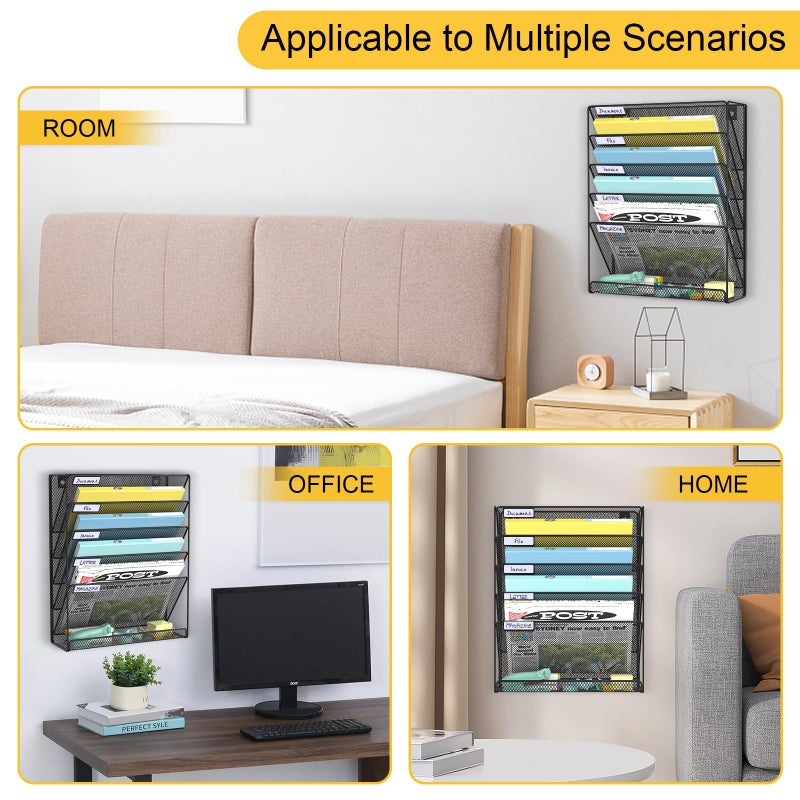 BOHDK Hanging Folder Organizer Mesh 6 Tier, Wall File Organizer Hanging Paper Organizer, Wall Mount Mail Storage, Office Organization and Storage Rack for Home Office, Black - Image 4