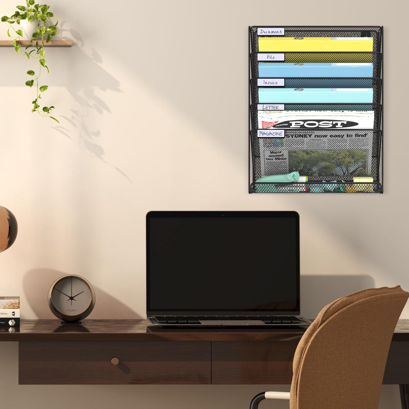 BOHDK Hanging Folder Organizer Mesh 6 Tier, Wall File Organizer Hanging Paper Organizer, Wall Mount Mail Storage, Office Organization and Storage Rack for Home Office, Black - Image 2