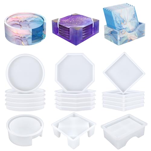 KISREL 18 Pieces Thicken Resin Coaster Molds Upgrade Coaster Molds for Epoxy Resin Coaster Resin Mold with Storage Box Mold for DIY Art Craft Cup Mats